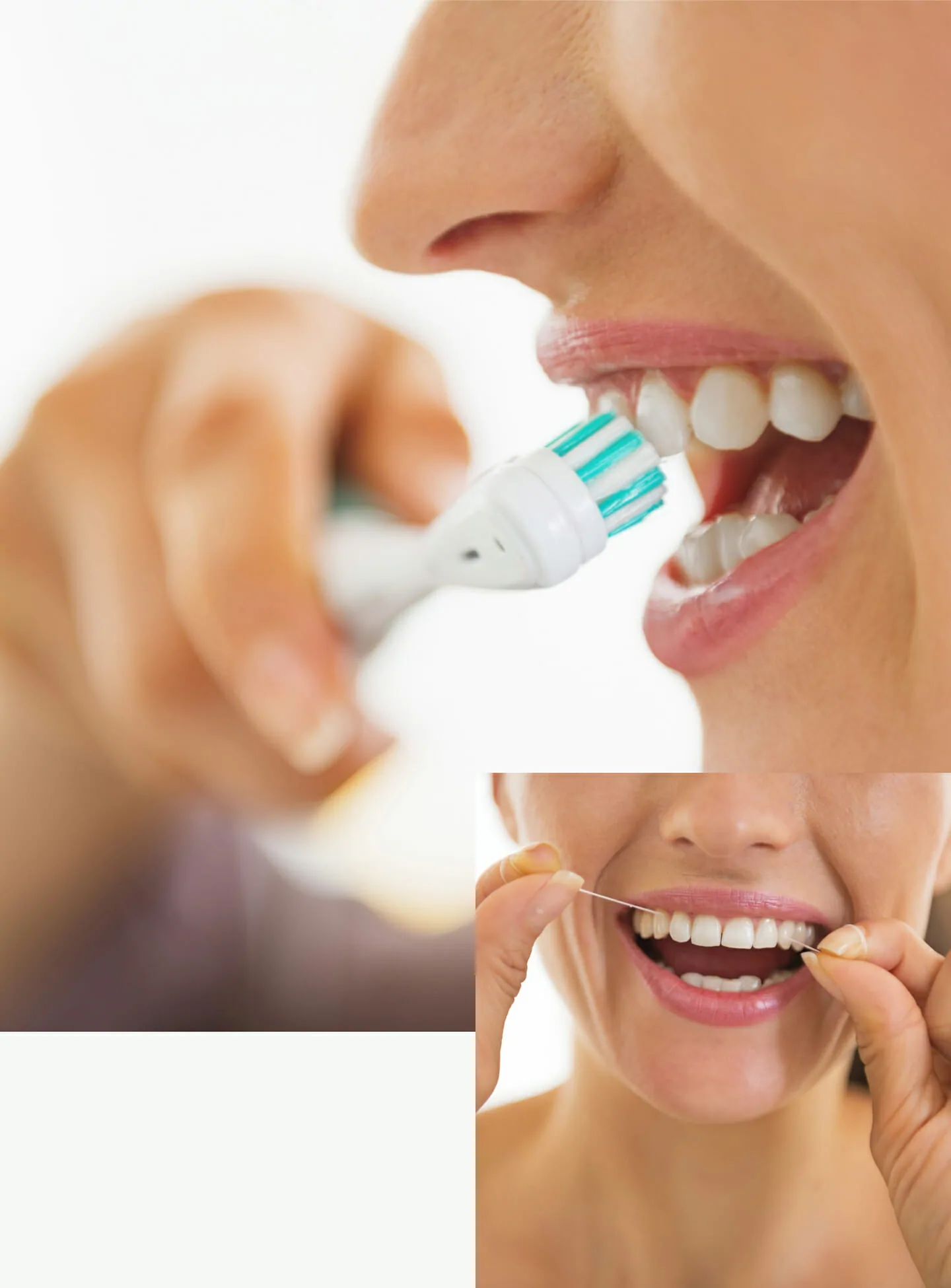 Two woman brushing and flossing teeth